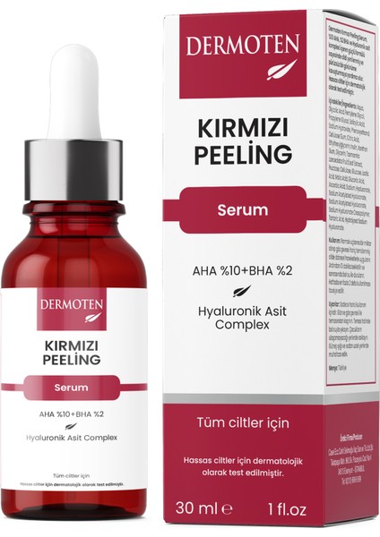 Kırmızı Peeling Serum 30 ml AHA %10 BHA %2 Hyaluronik Asit ile Hassas Ciltler İçin