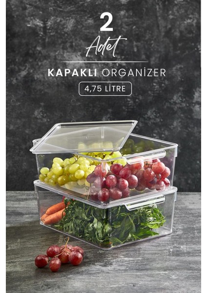 2'li Hava Almaz Kapaklı Buzdolabı Içi Düzenleyici 4,75 L - Sebze Meyve Saklama Kabı Organizeri