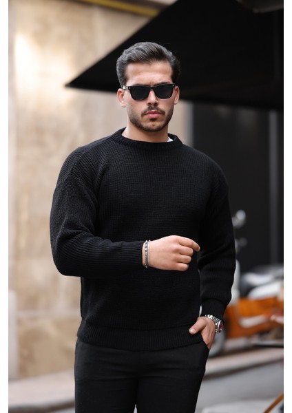 Oversize Selanik Örgülü Bisiklet Yaka Erkek Triko Kazak - Siyah