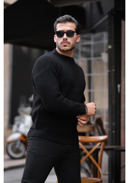 Oversize Selanik Örgülü Bisiklet Yaka Erkek Triko Kazak - Siyah