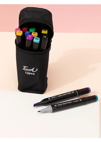 Çantalı 12 Parça Çift Uçlu Grafiti Kalem Renkli Keçeli Kalem Eskiz, Illüstrasyon Tasarım Boya Kalemi