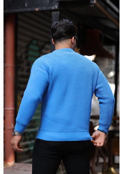 Oversize Selanik Örgülü Bisiklet Yaka Erkek Triko Kazak - Açık Mavi