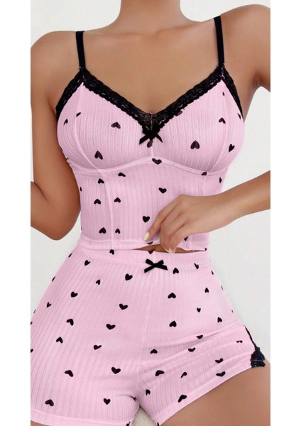 Saten Ince Askılı Ekose Şortlu Pembe 2li Kadın Şortlu Pijama Takımı