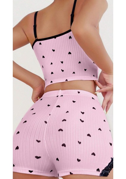 Saten Ince Askılı Ekose Şortlu Pembe 2li Kadın Şortlu Pijama Takımı