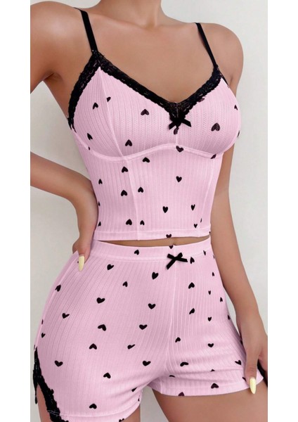 Saten Ince Askılı Ekose Şortlu Pembe 2li Kadın Şortlu Pijama Takımı