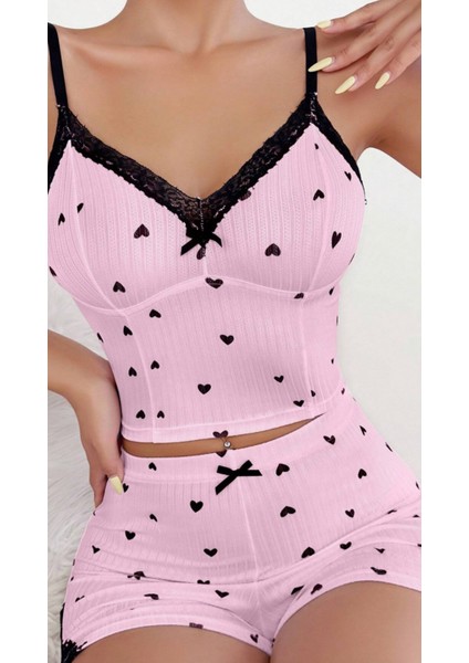 Saten Ince Askılı Ekose Şortlu Pembe 2li Kadın Şortlu Pijama Takımı