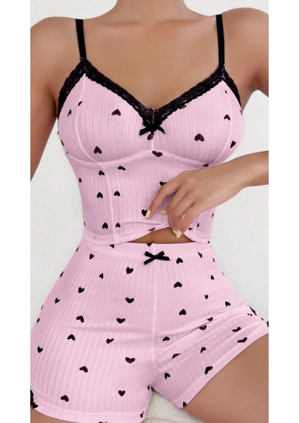 Saten Ince Askılı Ekose Şortlu Pembe 2li Kadın Şortlu Pijama Takımı
