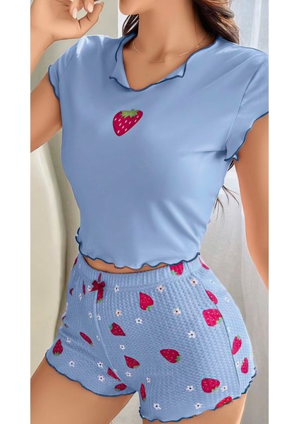 Mavi Çilek Desenli Kısa Kol Saten Kadın Şortlu 2li Pijama Takımı