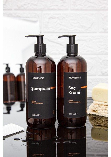 Şampuan Ve Saç Kremi Etiketli Plastik Şişe Banyo Seti 2'li Amber Sabunluk 500 ml