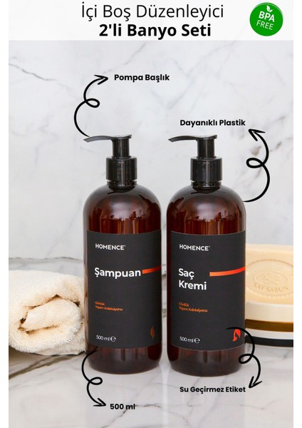 Şampuan Ve Saç Kremi Etiketli Plastik Şişe Banyo Seti 2'li Amber Sabunluk 500 ml indirimleri