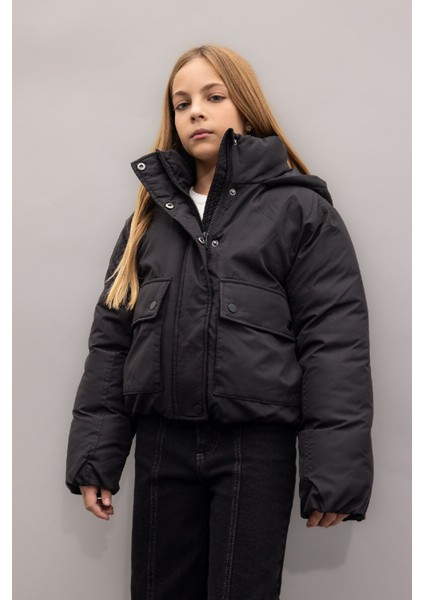 Kız Çocuk Su Geçirmez Kapüşonlu Şişme Mont Çıtçıtlı Cepli C5489A824WN