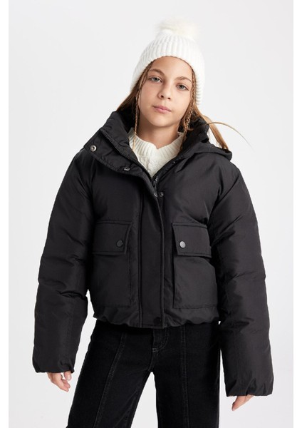 Kız Çocuk Su Geçirmez Kapüşonlu Şişme Mont Çıtçıtlı Cepli C5489A824WN