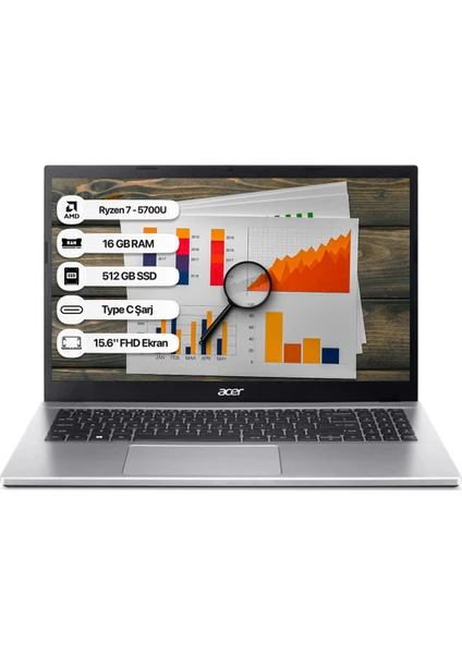 Aspire 3 A315-44P Ryzen 7 5700U 16 GB 512 GB SSD Freedos 15.6" Fhd 60 Hz Taşınabilir Bilgisayar NX.KSJEY.002