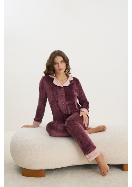 16166 Bayan Kadife Düğmeli Pijama Takım