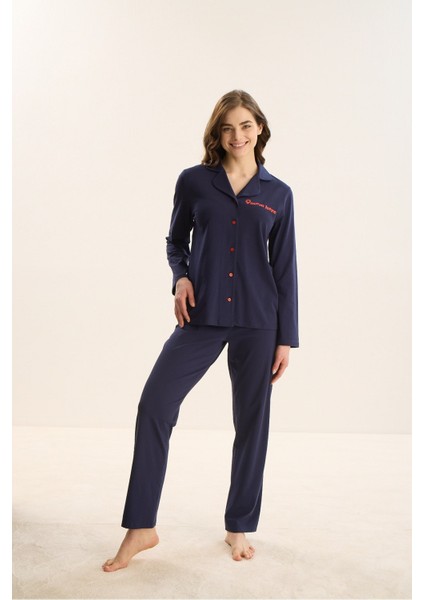 15993 Bayan Baskılı Düğmeli Pijama Takım