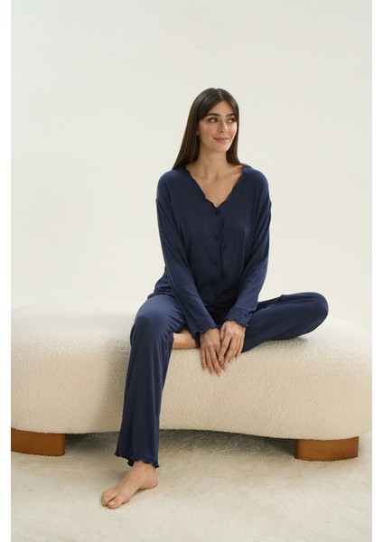 16070 Bayan Düğmeli Pijama Takım