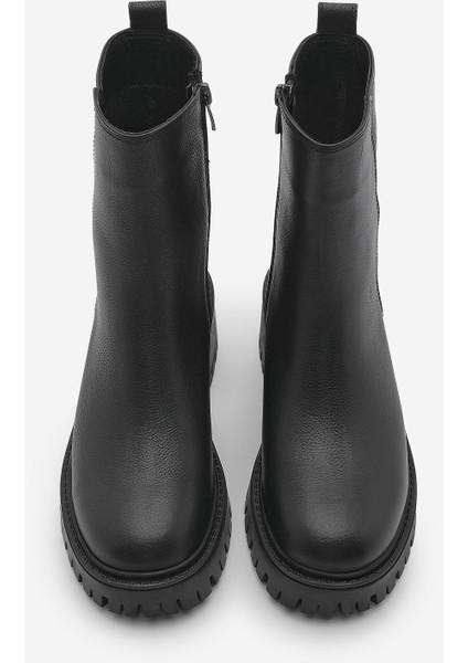 Kadın Hakiki Deri Fermuarlı Kalın Topuklu Tırtıklı Taban Günlük Bot Forlas Siyah