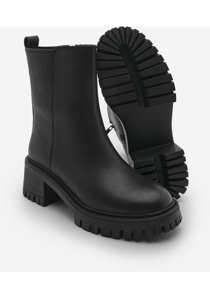 Kadın Hakiki Deri Fermuarlı Kalın Topuklu Tırtıklı Taban Günlük Bot Forlas Siyah