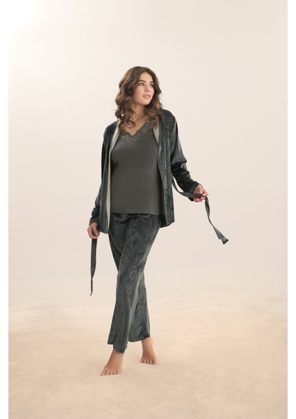 16190 Bayan Kadife 3 Lü Pijama Takım