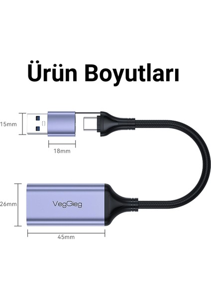 Veggieg 1080P 60Hz HDMI Video Capture Card USB 3.0 ve Type-C Görüntü Yakalama Kartı