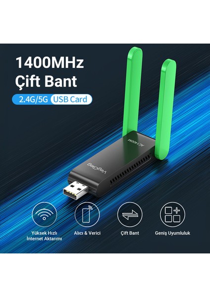 1400 Mbps 2.4ghz/5ghz Dual Band Gigabit Alıcı Verici USB Wifi Adaptör