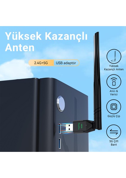 650 Mbps 2.4ghz/5ghz Dual Band Alıcı Verici USB Wifi Adaptör