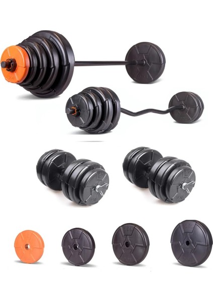 79 kg Z Bar Halter ve Dambıl Seti Turuncu Siyah (76 kg Ağırlık Plakası Barlar)