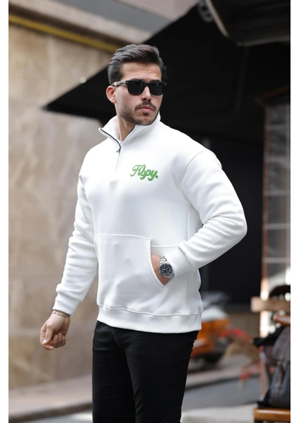 Cozy Kanguru Nakışlı Şardonlu Yarım Fermuar Sweatshirt - Ekru