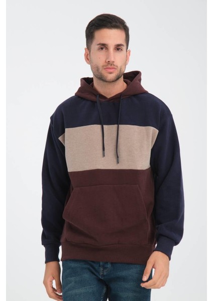 Oversize Kapüşonlu 3 Renk Blok Selanik Örme Erkek Sweatshirt - Kahve