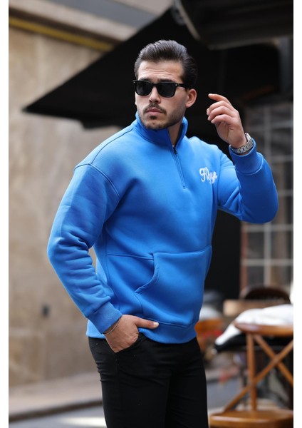 Cozy Kanguru Nakışlı Şardonlu Yarım Fermuar Sweatshirt - Mavi