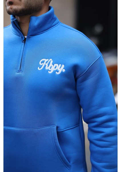 Cozy Kanguru Nakışlı Şardonlu Yarım Fermuar Sweatshirt - Mavi