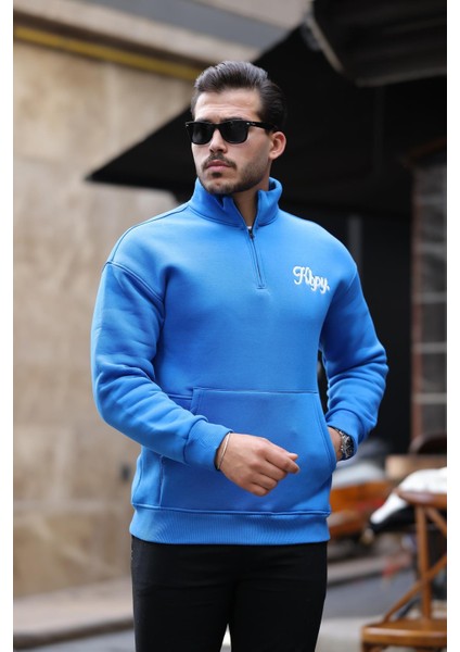 Cozy Kanguru Nakışlı Şardonlu Yarım Fermuar Sweatshirt - Mavi
