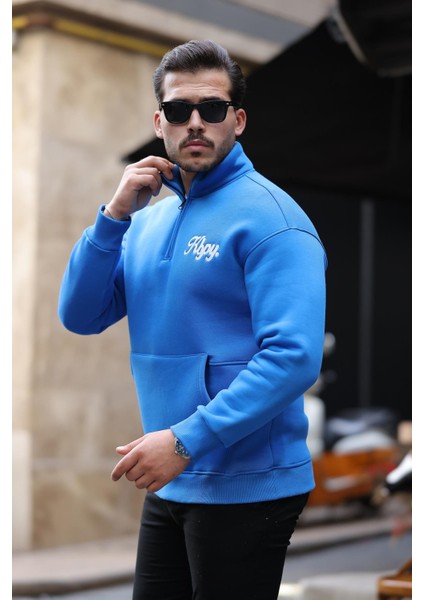 Cozy Kanguru Nakışlı Şardonlu Yarım Fermuar Sweatshirt - Mavi