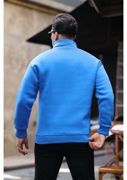Cozy Kanguru Nakışlı Şardonlu Yarım Fermuar Sweatshirt - Mavi