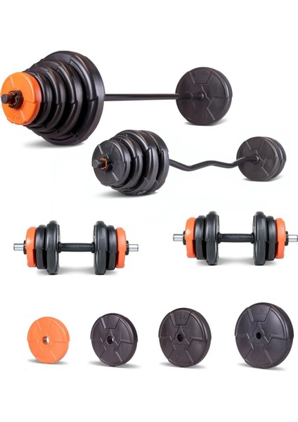 59 kg Z Bar Halter ve Dambıl Seti Turuncu Siyah (56 kg Ağırlık Plakası +Barlar)
