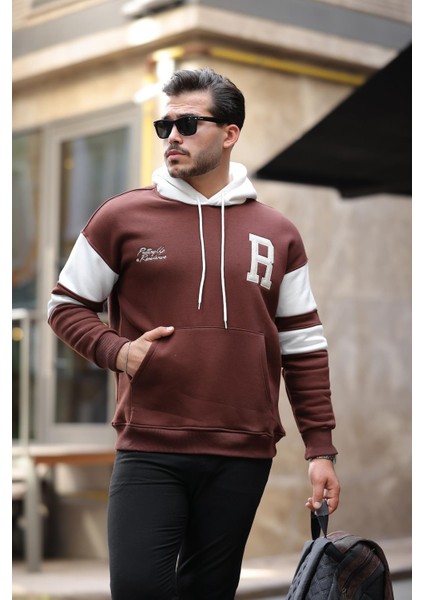 Sportif Şerit Detaylı Şardonlu Kapüşonlu Sweatshirt - Kahve