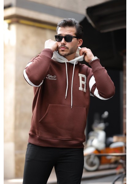 Sportif Şerit Detaylı Şardonlu Kapüşonlu Sweatshirt - Kahve fırsatları