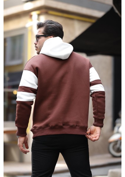 Sportif Şerit Detaylı Şardonlu Kapüşonlu Sweatshirt - Kahve indirimleri