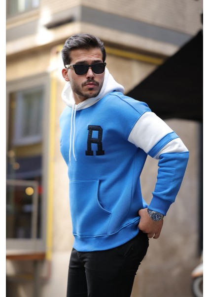 Sportif Şerit Detaylı Şardonlu Kapüşonlu Sweatshirt - Mavi