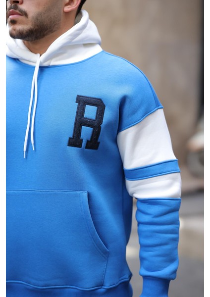 Sportif Şerit Detaylı Şardonlu Kapüşonlu Sweatshirt - Mavi