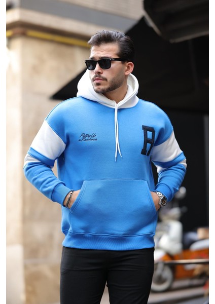 Sportif Şerit Detaylı Şardonlu Kapüşonlu Sweatshirt - Mavi