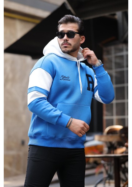 Sportif Şerit Detaylı Şardonlu Kapüşonlu Sweatshirt - Mavi