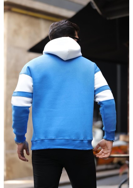 Sportif Şerit Detaylı Şardonlu Kapüşonlu Sweatshirt - Mavi