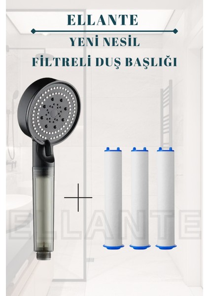 Filtreli Arıtmalı Masajlı Çok Fonksiyonlu Siyah Elit Duş Başlığı + 3 Adet Filtre