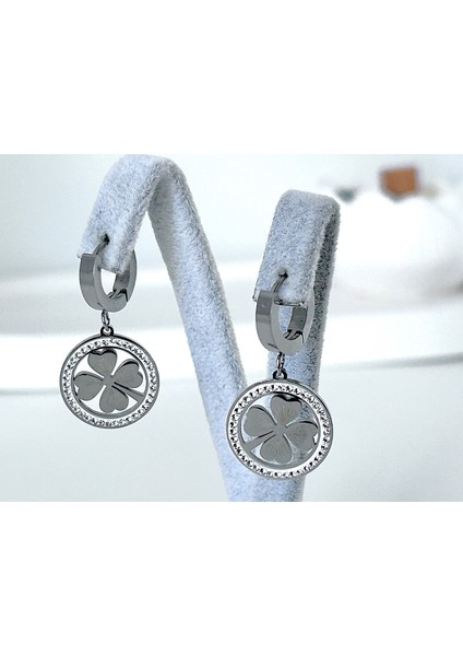 Taşlı Dört Yaprak Yonca Çelik Küpe Silver Design