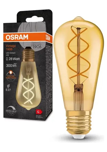 Vıntage 1906 LED Edıson 4W 2000K Filamanlı Dimli E27 LED Ampul