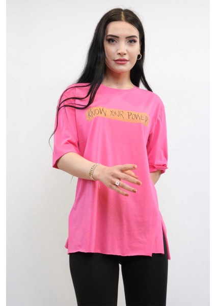 Bisiklet Yaka Oversize Tshirt Pembe Pembe