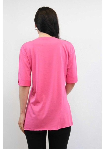 Bisiklet Yaka Oversize Tshirt Pembe Pembe