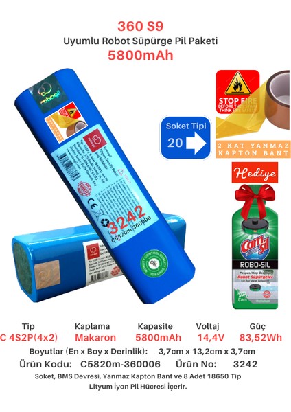 360 S9 5800MAH Uyumlu Batarya Robot Süpürge Pili C5820M-360006
