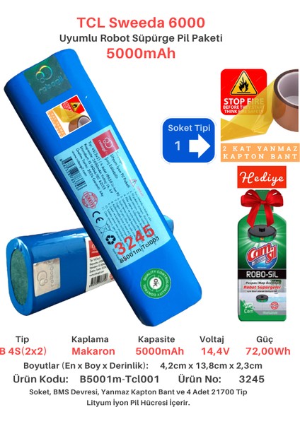 Tcl Sweeda 6000 5000MAH Uyumlu Batarya Robot Süpürge Pili B5001M-TCL001